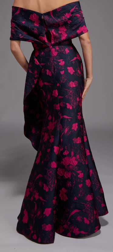 Alyce Paris Off-Shoulder Floral Jacquard Gown – Size 10, Navy/Fuchsia