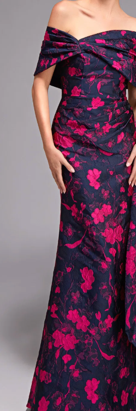 Alyce Paris Off-Shoulder Floral Jacquard Gown – Size 10, Navy/Fuchsia