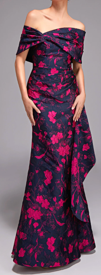 Alyce Paris Off-Shoulder Floral Jacquard Gown – Size 10, Navy/Fuchsia