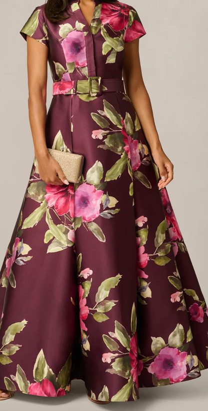 Wine Multicolor Floral Mikado Fit & Flare Gown, Size 12