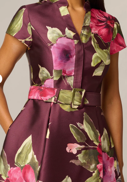 Wine Multicolor Floral Mikado Fit & Flare Gown, Size 12