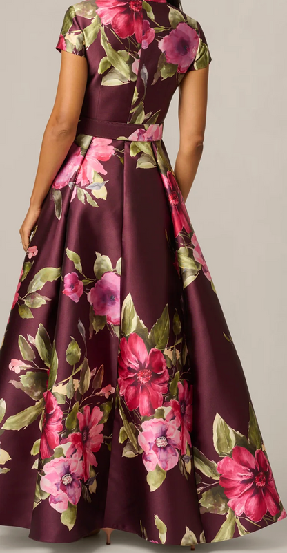 Wine Multicolor Floral Mikado Fit & Flare Gown, Size 12