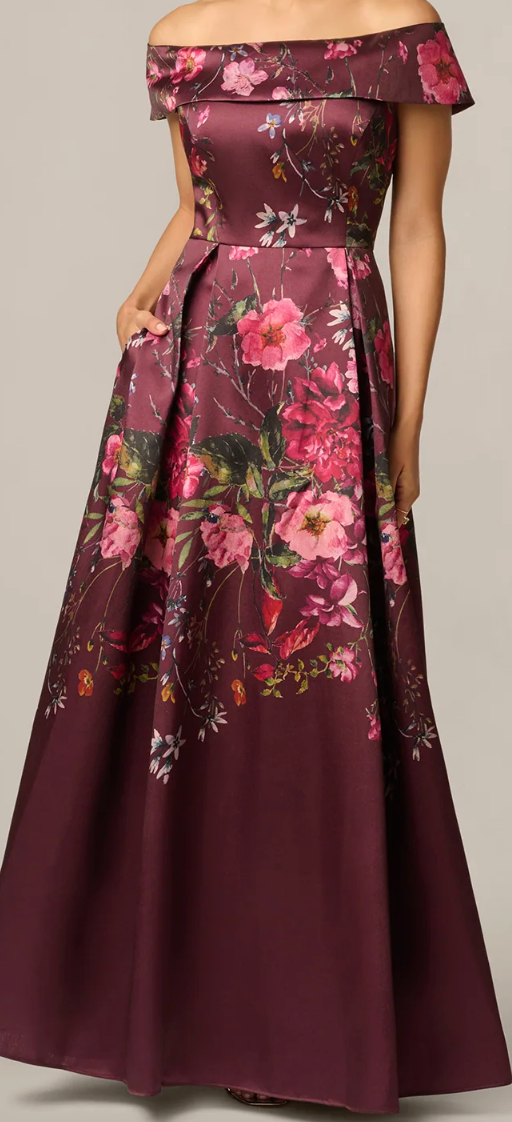 Burgundy Multicolor Floral Off-Shoulder Mikado Ballgown, Size 14