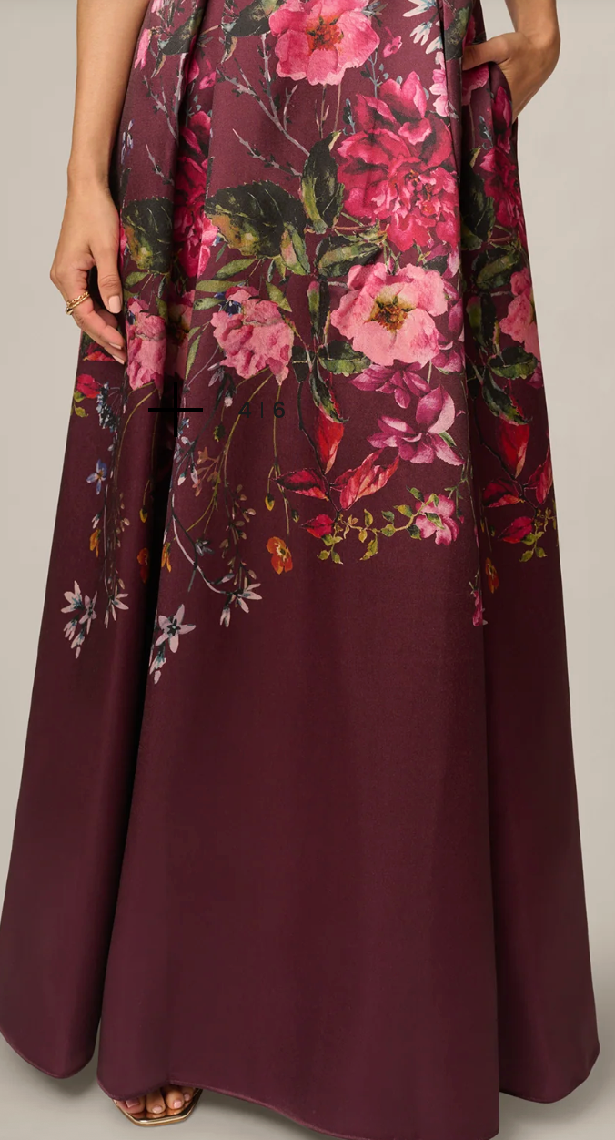 Burgundy Multicolor Floral Off-Shoulder Mikado Ballgown, Size 14