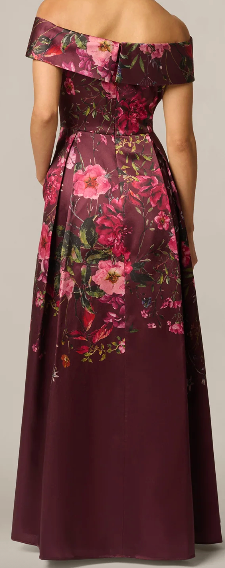 Burgundy Multicolor Floral Off-Shoulder Mikado Ballgown, Size 14