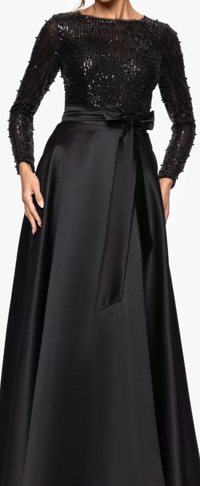 Black Sequin Bodice Satin Ballgown with Bow & Pockets! Size 10
