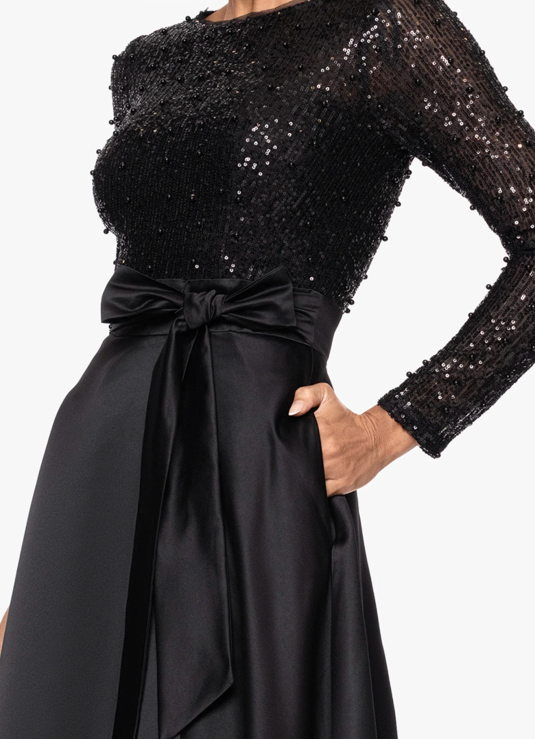 Black Sequin Bodice Satin Ballgown with Bow & Pockets! Size 10