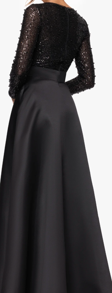 Black Sequin Bodice Satin Ballgown with Bow & Pockets! Size 10