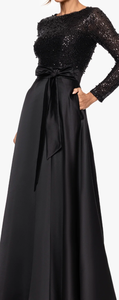 Black Sequin Bodice Satin Ballgown with Bow & Pockets! Size 10