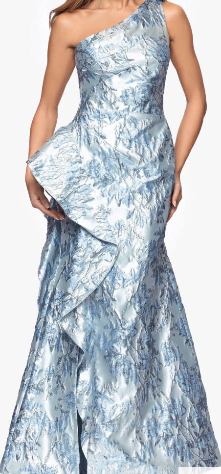 One-Shoulder Floral Brocade Gown with Side Ruffle, Size 10