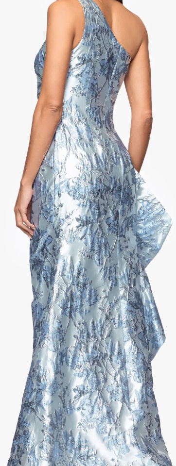 One-Shoulder Floral Brocade Gown with Side Ruffle, Size 10