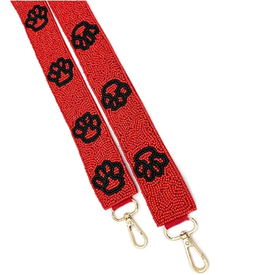 Red and Black Paw Print Beaded Purse Strap