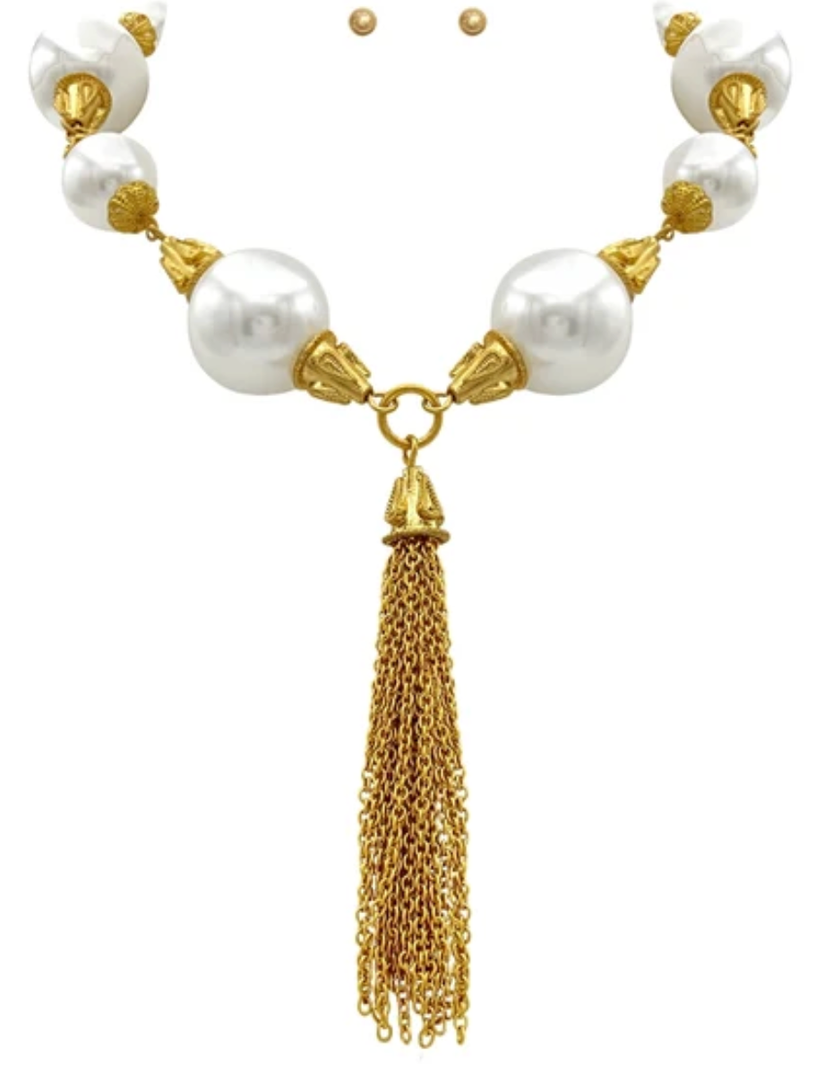 Chain Tassel Drop Pearl Y Choker Set | Gold & Faux Pearl