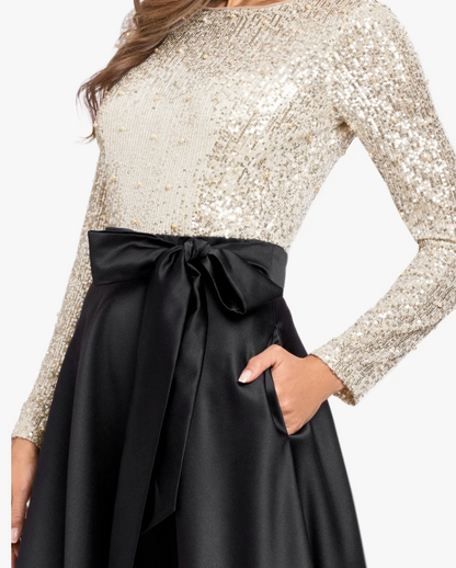 Sequin Bodice Satin Skirt Gown | Long Sleeve Evening Dress, Size 12