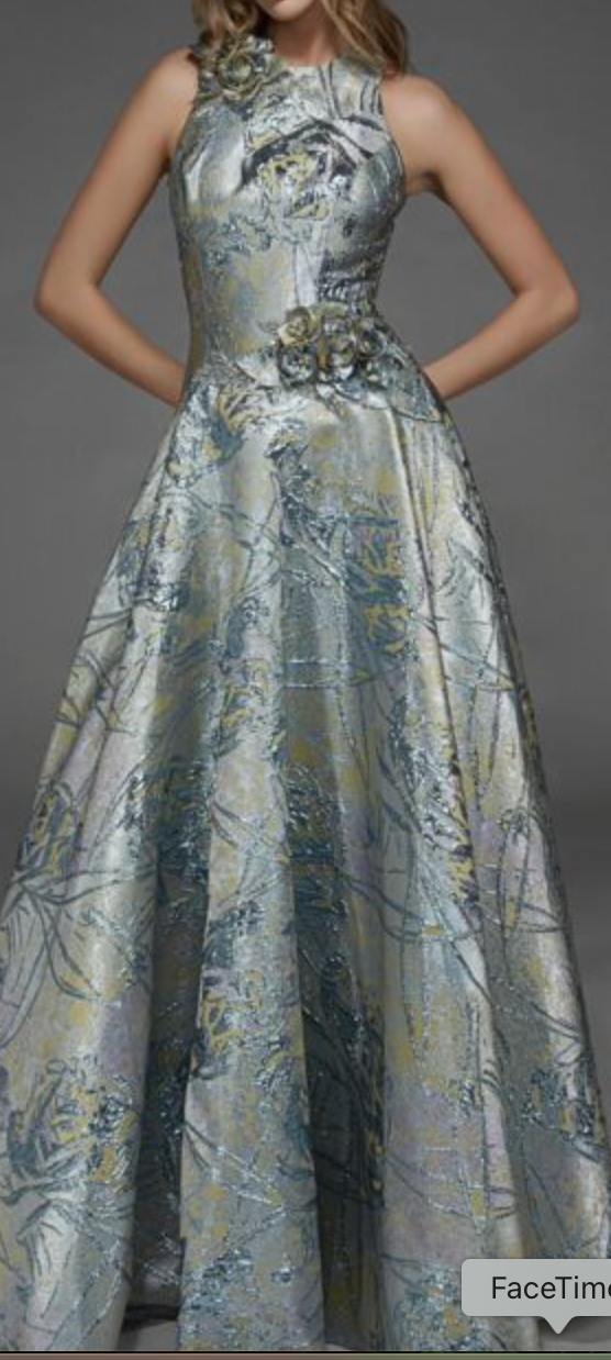 Alyce Sea Glass-Gold Brocade Mother of the Bride Gown with 3D Floral Accents and Shawl, Size 8