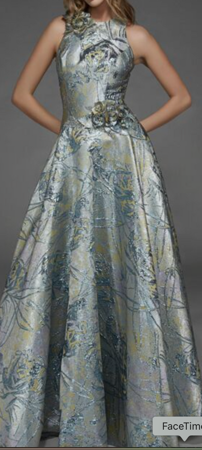 Alyce Sea Glass-Gold Brocade Mother of the Bride Gown with 3D Floral Accents and Shawl, Size 8