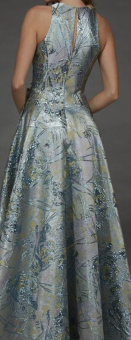 Alyce Sea Glass-Gold Brocade Mother of the Bride Gown with 3D Floral Accents and Shawl, Size 8