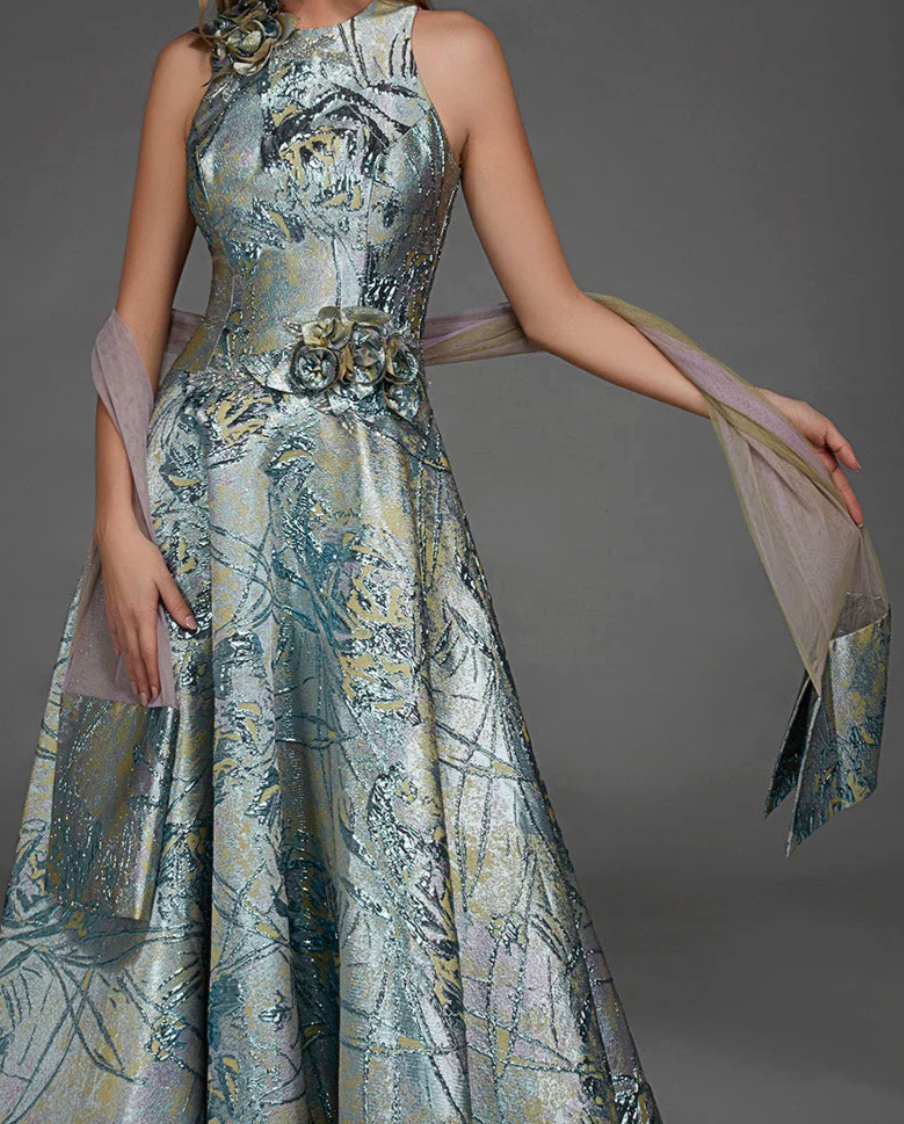 Alyce Sea Glass-Gold Brocade Mother of the Bride Gown with 3D Floral Accents and Shawl, Size 8