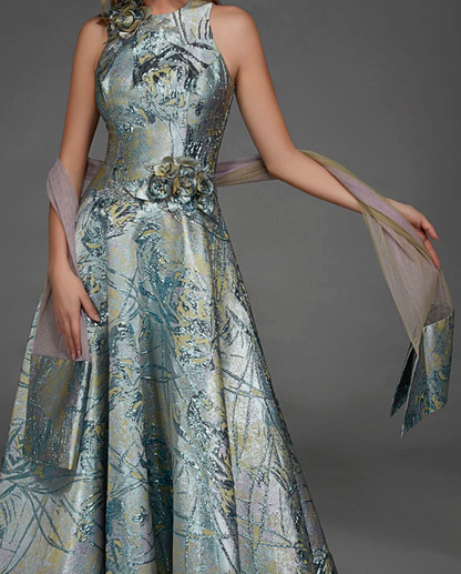Alyce Sea Glass-Gold Brocade Mother of the Bride Gown with 3D Floral Accents and Shawl, Size 8