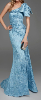 Alyce Paris Glacier Blue One-Shoulder Jacquard Evening Gown with Oversized Bow and Front Slit, Size 6