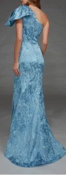 Alyce Paris Glacier Blue One-Shoulder Jacquard Evening Gown with Oversized Bow and Front Slit, Size 6