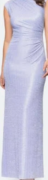 Betsy & Adam Periwinkle Metallic Mock Neck Evening Gown with Ruched Waist, Size 8