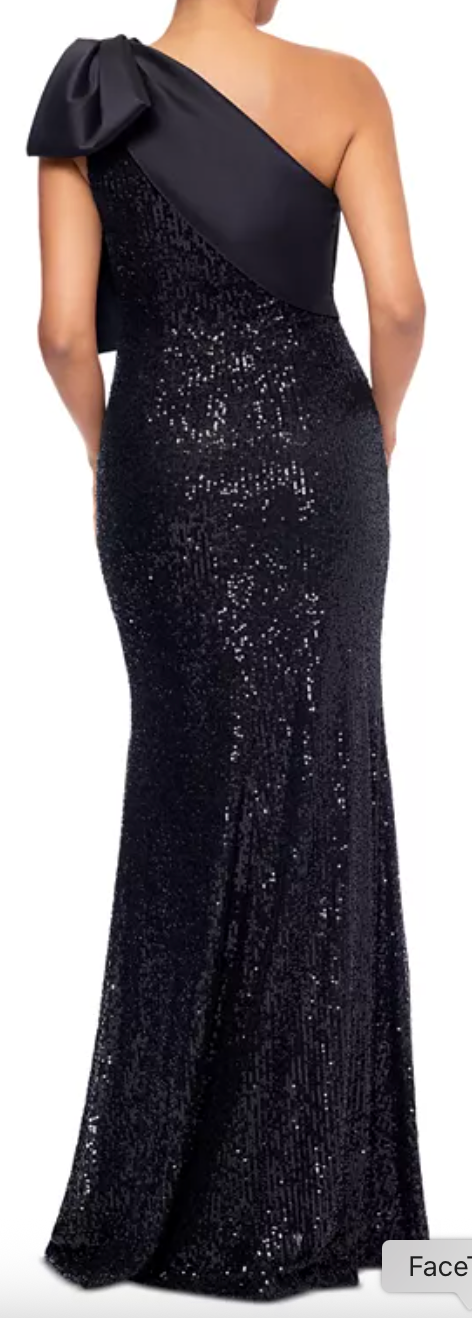 Black Sequin One-Shoulder Bow Evening Gown | Size 8