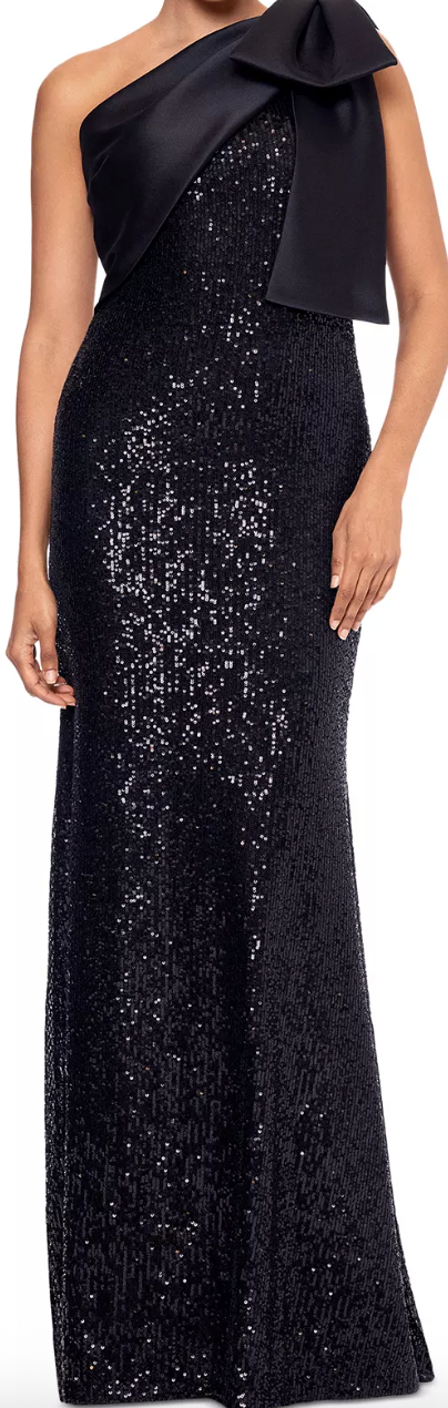 Black Sequin One-Shoulder Bow Evening Gown | Size 8