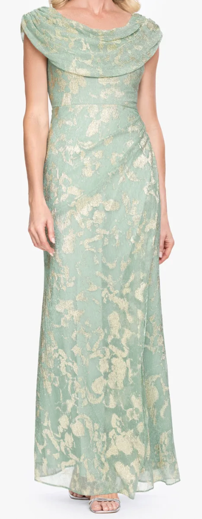 Sage Green Metallic Floral Cowl Neck Evening Gown with Cap Sleeves, Size 10