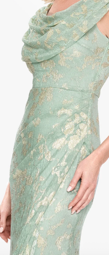 Sage Green Metallic Floral Cowl Neck Evening Gown with Cap Sleeves, Size 10