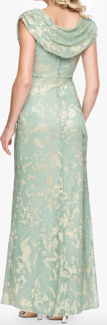 Sage Green Metallic Floral Cowl Neck Evening Gown with Cap Sleeves, Size 10