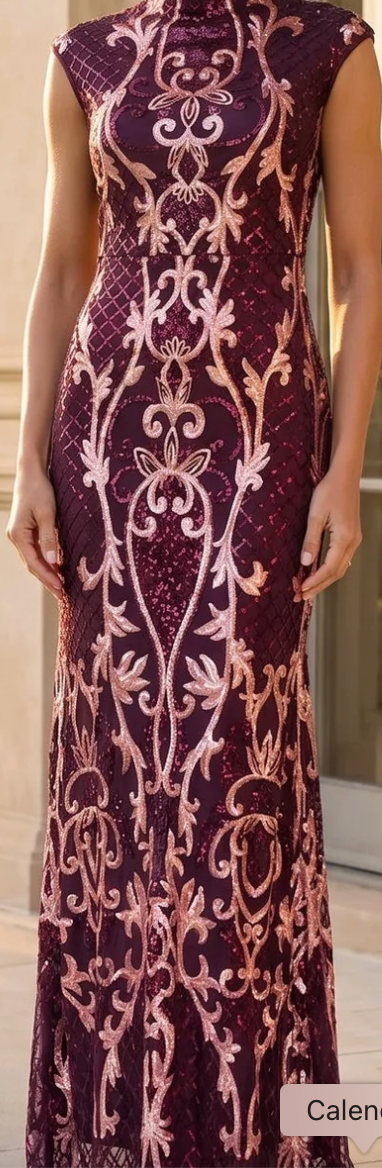 Betsy & Adam Wine and Rose Sequin Embroidered Mock Neck Evening Gown with Cap Sleeves, Size 8