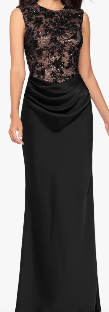 Black Beaded Lace Evening Gown | Sleeveless Floor-Length Formal Dress with Ruched Satin Skirt, Size 12