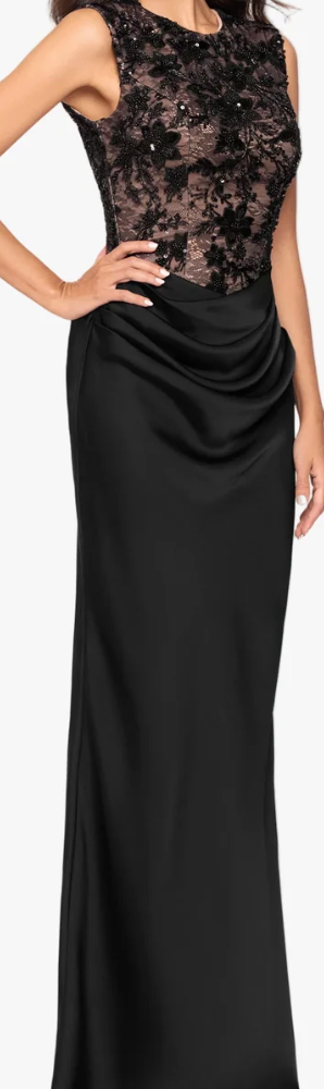 Black Beaded Lace Evening Gown | Sleeveless Floor-Length Formal Dress with Ruched Satin Skirt, Size 12