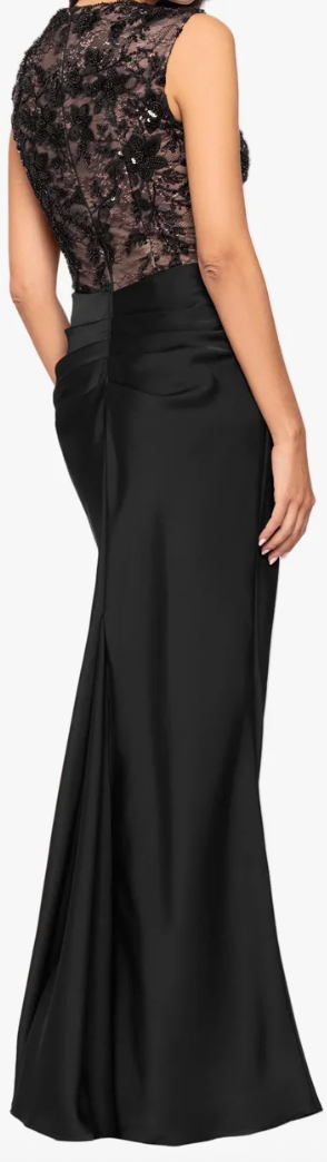 Black Beaded Lace Evening Gown | Sleeveless Floor-Length Formal Dress with Ruched Satin Skirt, Size 12