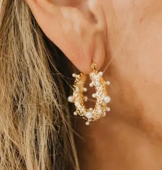 Textured Pearl Huggie Hoop Earrings - Waterproof Stainless Steel Hoops