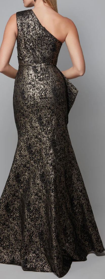 One-Shoulder Brocade Mermaid Gown – Black & Gold Jacquard, Sz 4