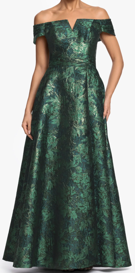 Printed Brocade Off-the-Shoulder Gown with Pockets – Green/Gold, Size 12