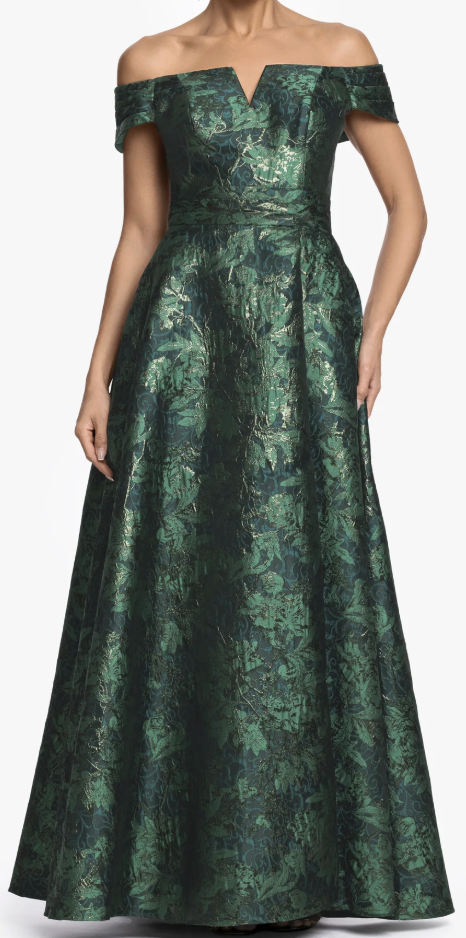 Printed Brocade Off-the-Shoulder Gown with Pockets – Green/Gold, Size 12