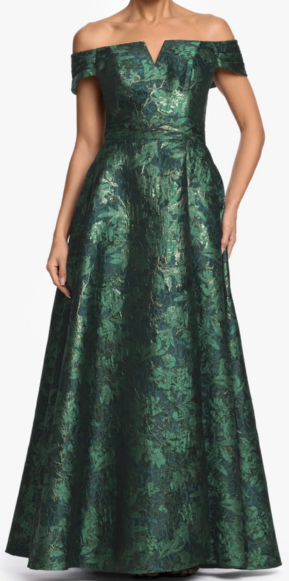 Printed Brocade Off-the-Shoulder Gown with Pockets – Green/Gold, Size 12