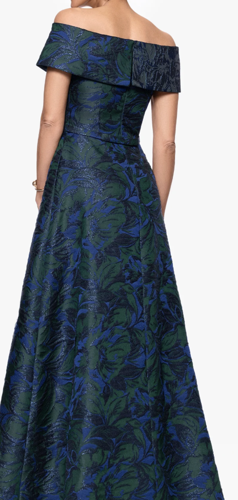 Jacquard Off-the-Shoulder Ballgown with Pockets – Navy/Green Floral, Size 14