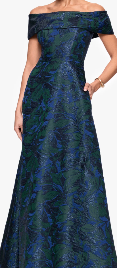 Jacquard Off-the-Shoulder Ballgown with Pockets – Navy/Green Floral, Size 14