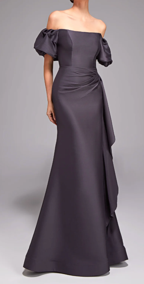 Alyce Paris Off-Shoulder Puff Sleeve Mikado Sheath Dress – Size 10, Charcoal