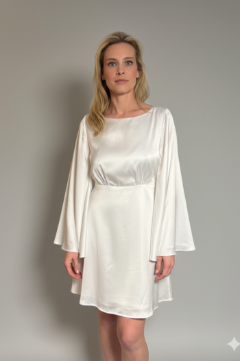 Minuet White Satin Bell Sleeve A-Line Dress with Open Back - Perfect Bridal Shower or Rehearsal Dinner Dress