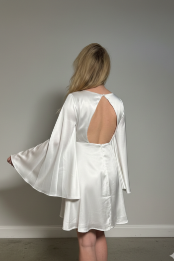 Minuet White Satin Bell Sleeve A-Line Dress with Open Back - Perfect Bridal Shower or Rehearsal Dinner Dress