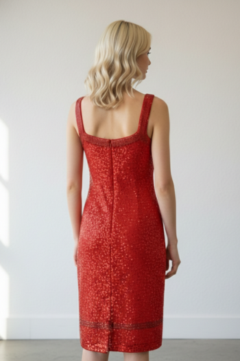 Vintage St. John Knit Red Paillette Cocktail Dress with Square Neckline