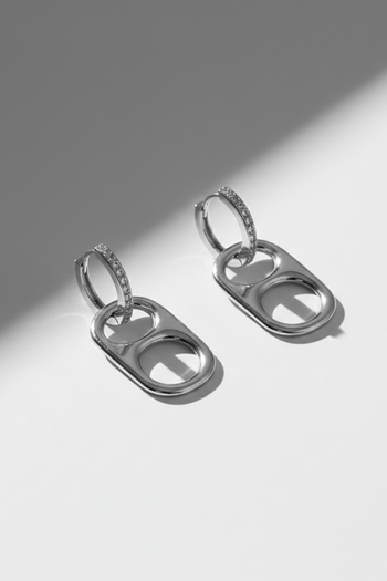 Silver-tone 35mm poptab huggie hoop earrings with small clear pave crystals along the front of the hoop.