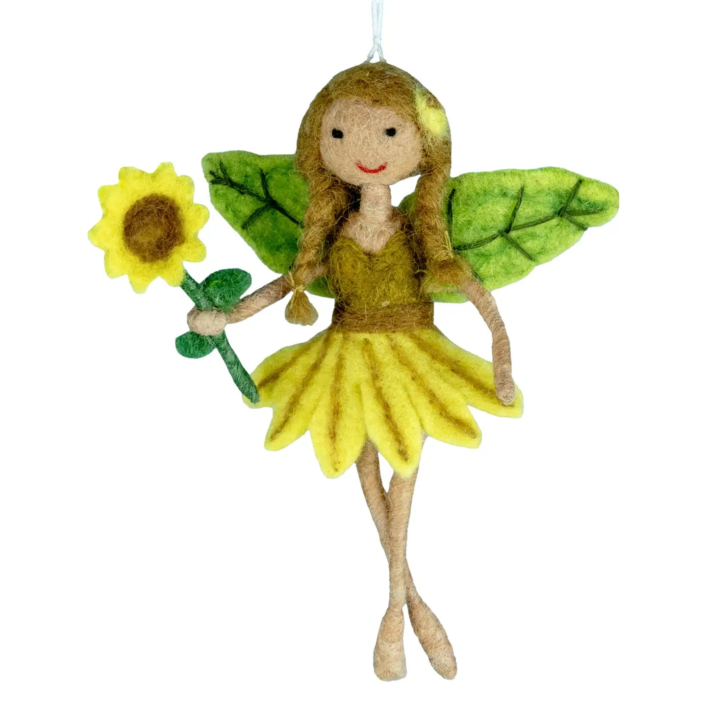 A felt fairy ornament with green leaf wings and a yellow petal skirt holding a sunflower.