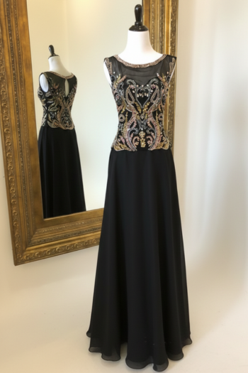 Floor-length black evening gown featuring an intricate gold, rose gold, and silver beaded bodice with a sheer bateau neckline and a keyhole back.