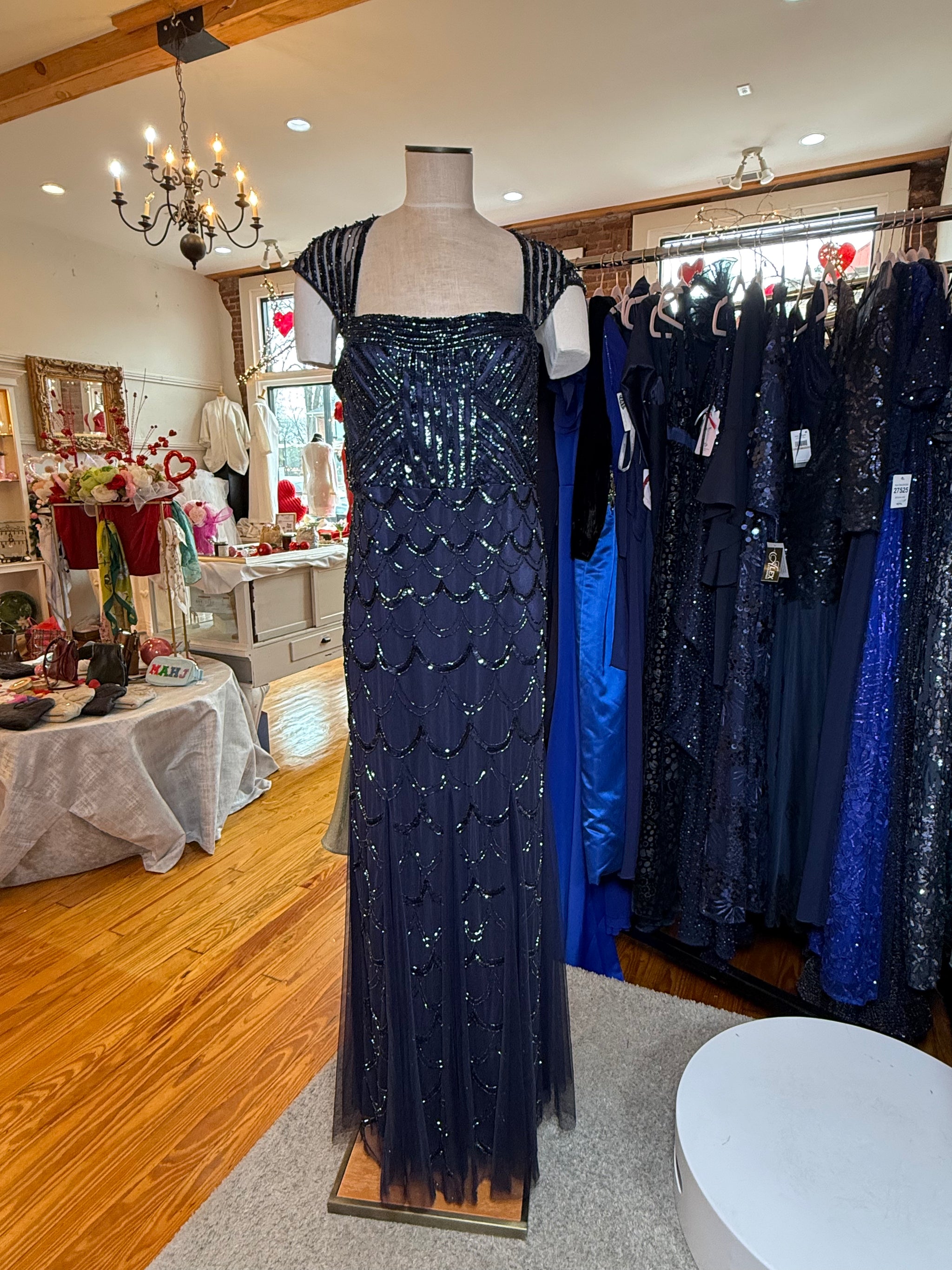 Vintage Cache midnight blue sequin beaded gown